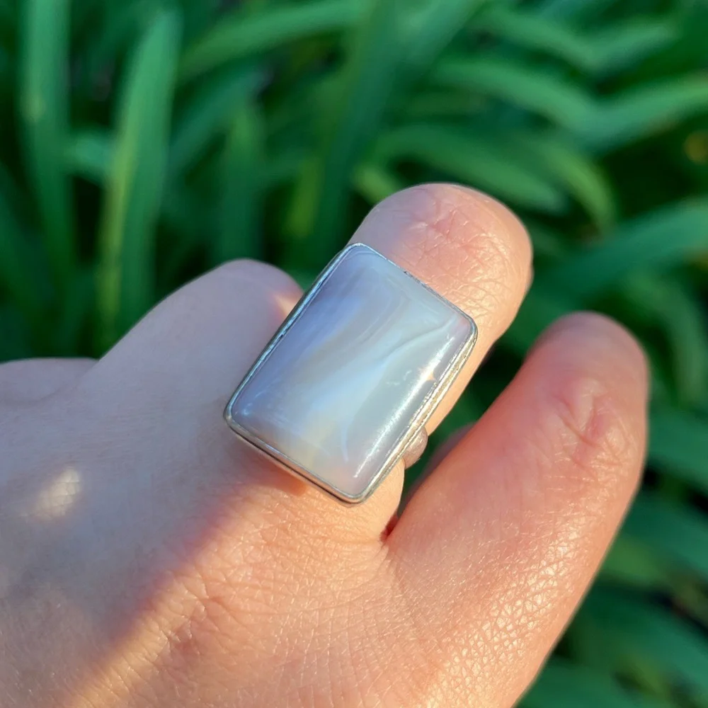 Size‎ 7.25 925 silver plated milky banded agate rectangular ring